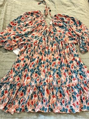 Teal & Coral Floral Halter Mini Dress